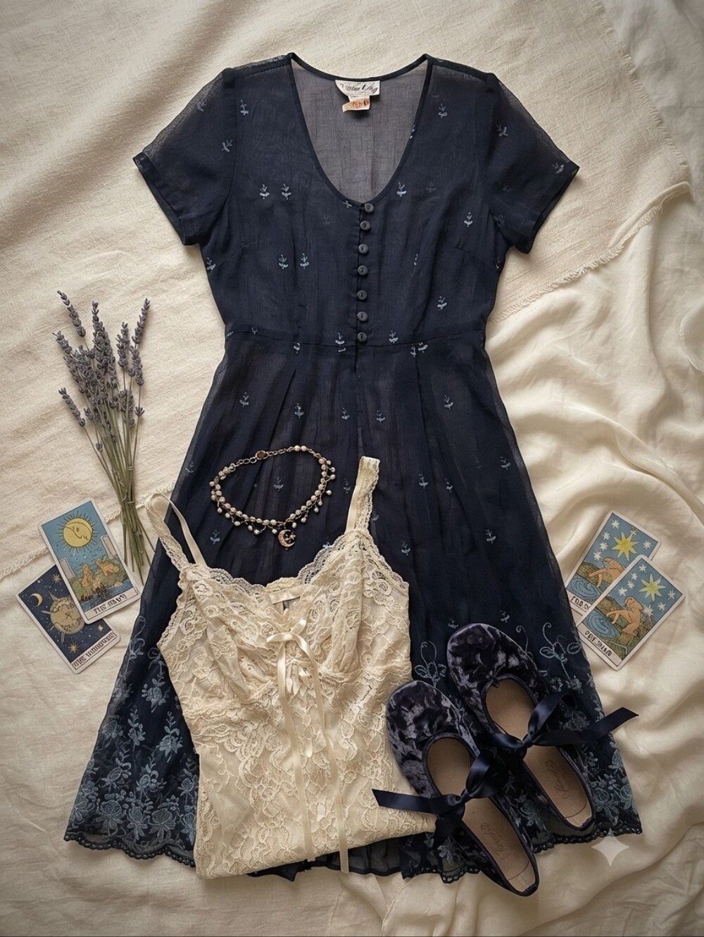 Vintage Victoria Holley Navy White Embroidered Sheer Mesh Duster Dress
